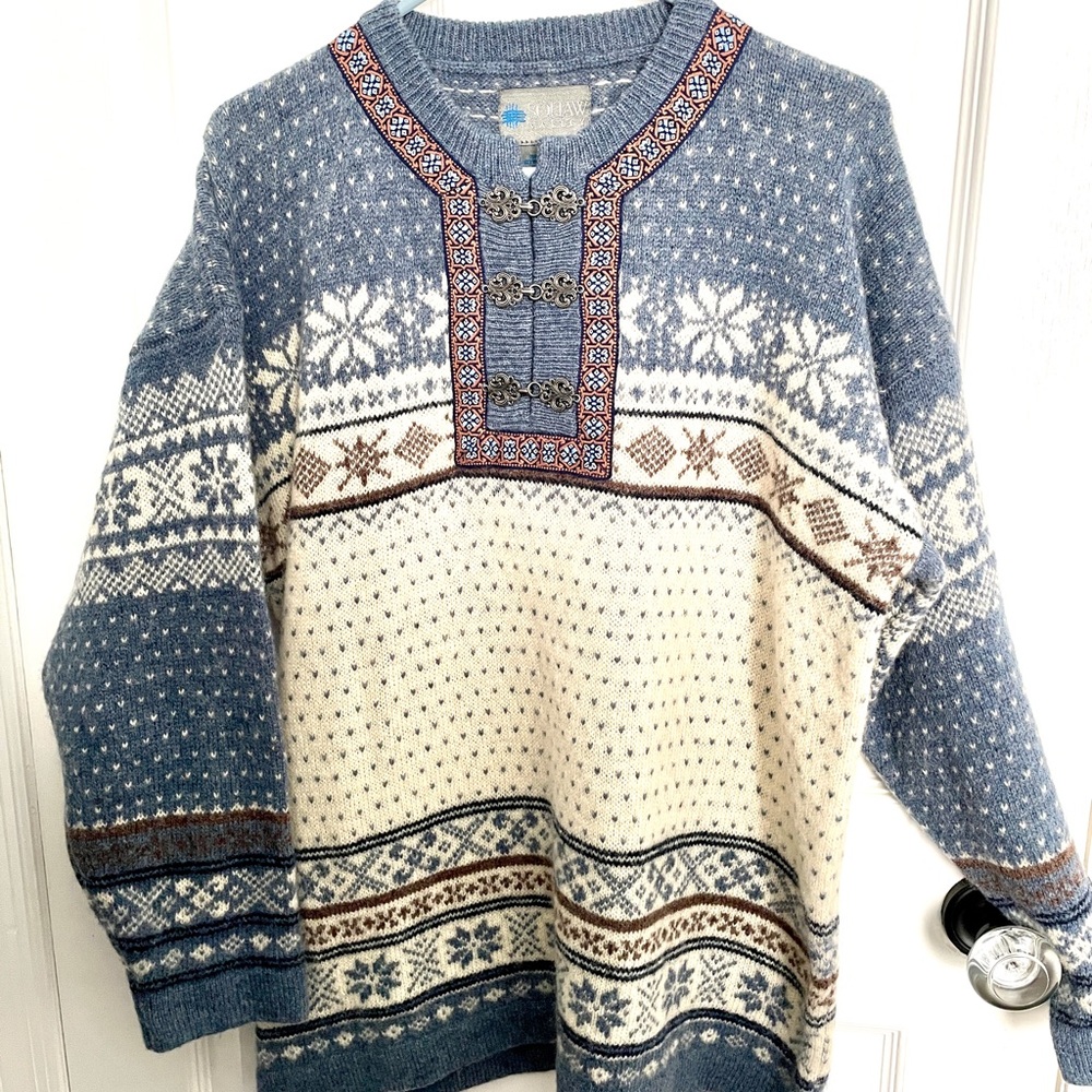 Nordic Ski Sweater Blue-Gray Ivory Unisex 48" Chest